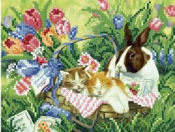 AS271 Н-р для вышивания бисером 19x25 см (частичн.заполн.,канва с рис) Кролик с котятами фото 7535